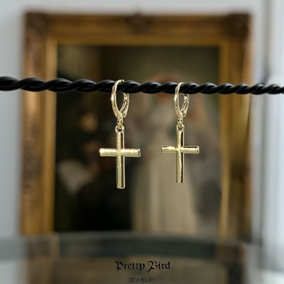 Pretty Bird Jewelry - 18K Yellow Gold Plated Cross Dangle Earrings